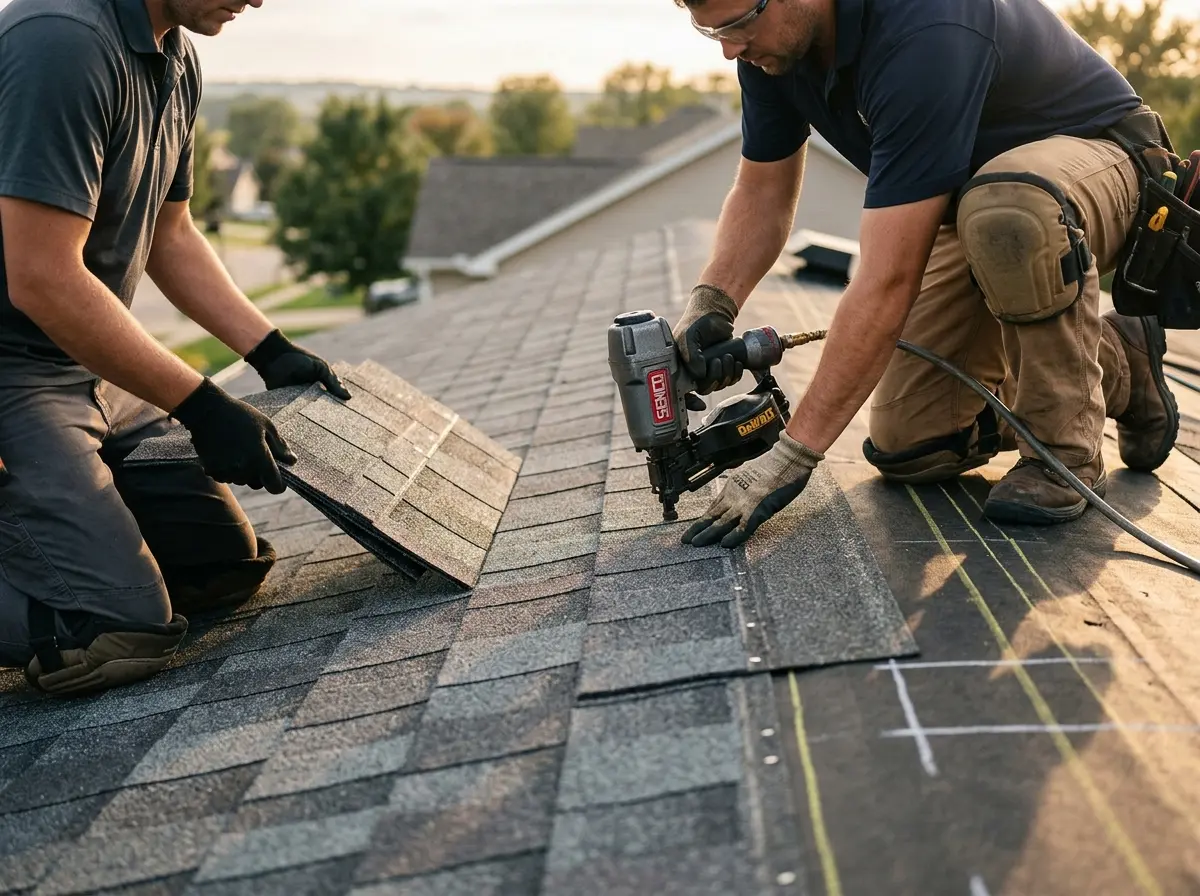 Professional roofer working on a residential roof in Charles Town